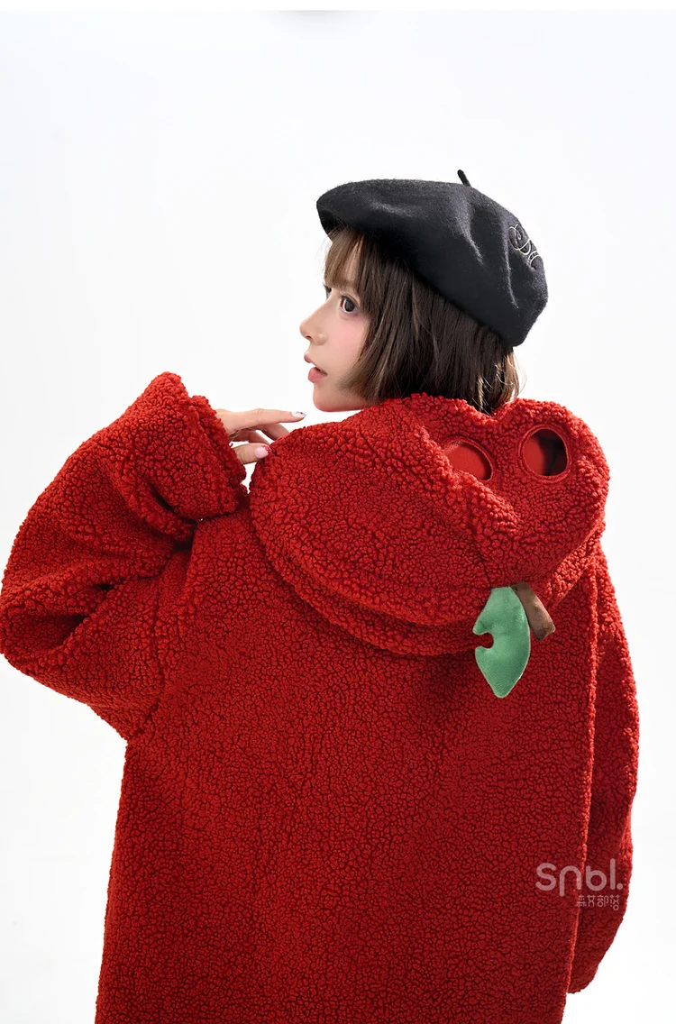 Christmas Kawaii Fun Apple Red Hoodies Tops Sweet Cute Embroidered Loose Casual Thick Fleeced Warm Sweatshirts for Women Winter - Image 4