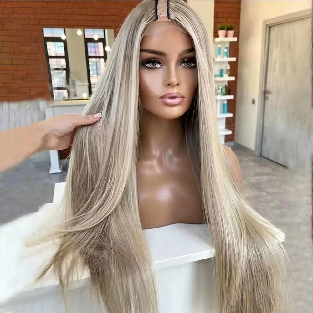 Aschblonde Highlights Balayage Klebefreie Knochenglatte U-Part-Perücke Weiche 100% Echthaar-Perücke V-Part-Perücke für Frauen – Detail 2