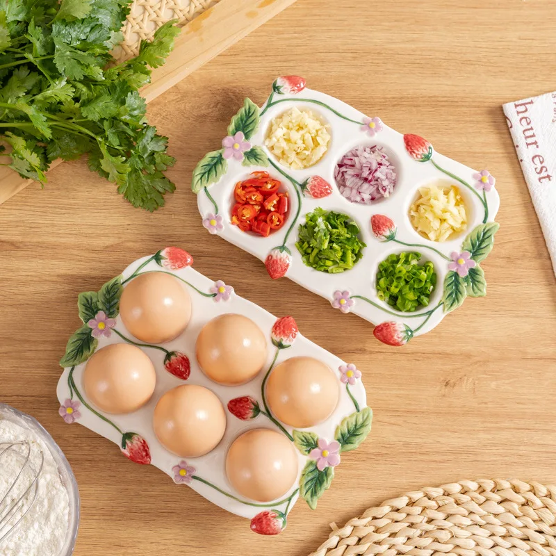 Flora Ceramic 6 Cups Egg Tray Egg Holder Container Decorative Serving Dish Plate for Refrigerator Fridge Countertop Display