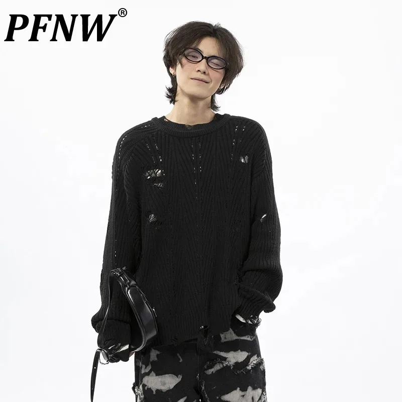 PFNW Korean Ripped Hole Design Texture Knitted Sweater Men's Round Neck Long Sleeved Loose Solid Color Niche Trendy Tops 28W4816