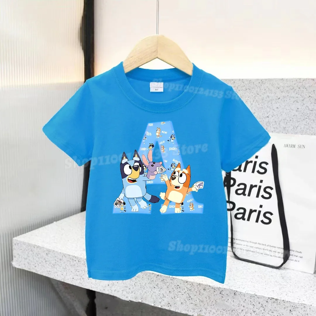 

Blueye Kids T-shirt Cotton Cotton Letters A-Z Heeler Family Anime Cartoon Printed Boys Cute Streetwear Casual Clothes Party Gift