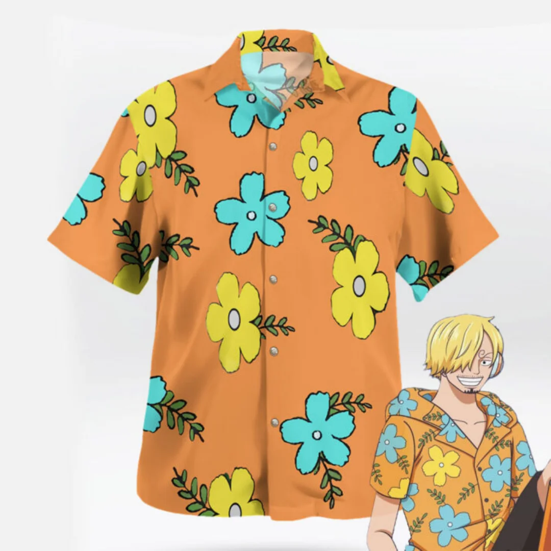 One Piece Sanji Egghead Shirt Hawaii Floral Button-Up Cosplay Sommer Freizeit Herren T-Shirt Kinderbekleidung T-Shirt Y2k Frau