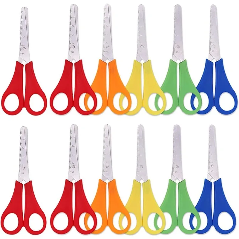 

Для школы, офиса, дома, 12 шт., детские безопасные ножницы, ножницы для бумаги с пластиковой ручкой, ножницы со шкалой сантиметра