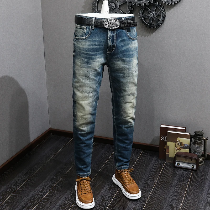 Newly Fashion Designer Men Jeans High Quality Retro Blue Slim Fit Ripped Jeans Men Trousers Vintage Casual Denim Pants Hombre