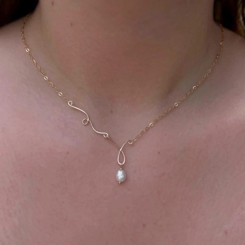 14K Gold Filled/925 Silver Pearl Statement Necklace Unique Pearl  Dangling Necklace Tarnish Resistant Jewelry Gift for Women
