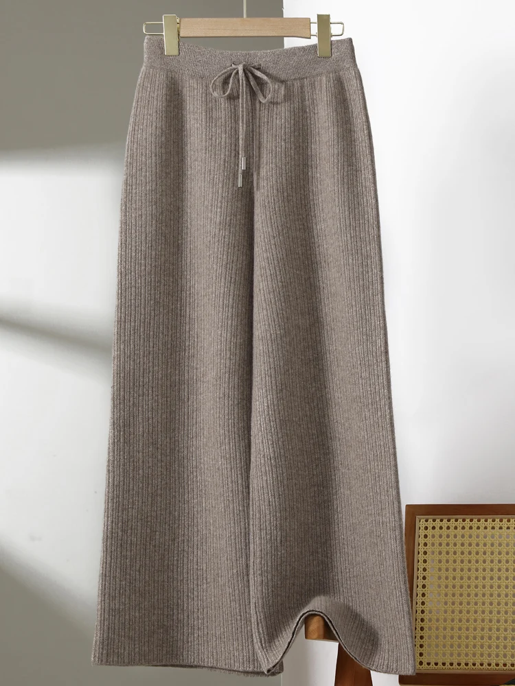 

Women Wide-Leg Pants Thick Vertical bar Cable Stitch 100% Merino Wool Knitted 2025 Autumn Winter Fashion Solid Soft Warm Bottoms