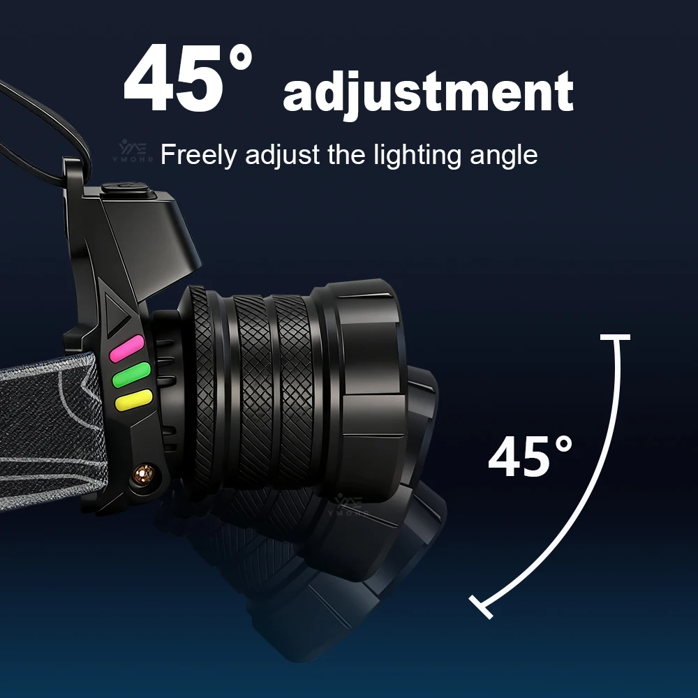 Linterna Frontal 2000 Lúmenes Recargable, Enfoque Ajustable, 2x18650, Impermeable, 3 Colores, para Senderismo, Camping y Pesca