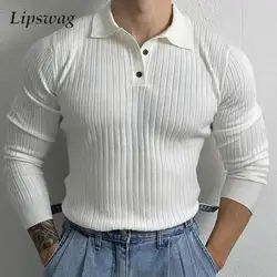 2023 Autumn Fashion Knit Polo Shirt Mens New Casual Slim Fit Long Sleeve Ribbed Knitted Tops For Men Stylish Polo Collar Shirts