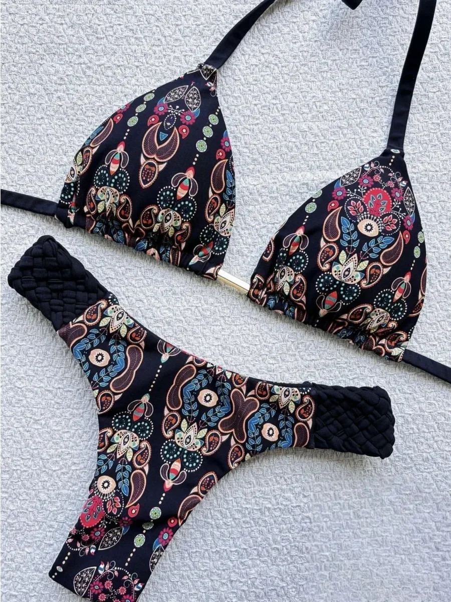 2025 جديد النسيج مجموعة البكيني المرأة طباعة 2 قطعة ملابس السباحة المرأة مثير الحمالات عارية الذراعين عطلة الشاطئ ثوب السباحة ملابس السباحة