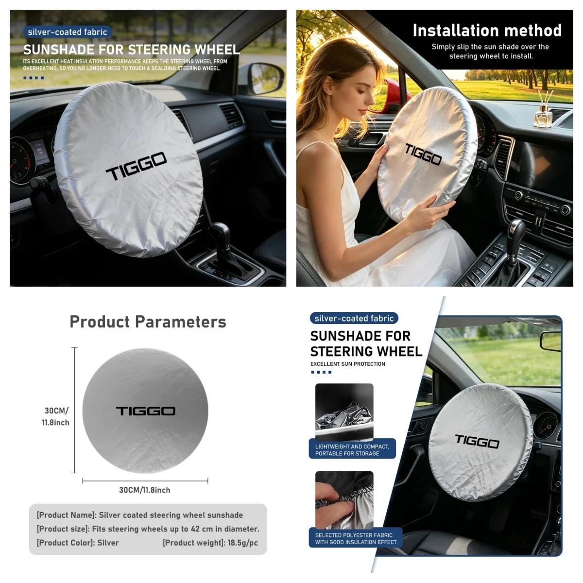 Steering Wheel Sunshade UV‑Proof Cover For Chery Tiggo 7 8 Pro Omoda C5 Jaecoo J7 Silver‑Coated Heat Insulation Car Interior Aut
