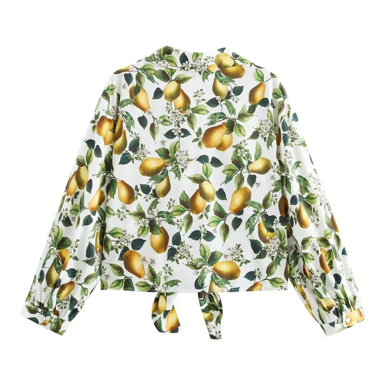 قميص نسائي قطني مطبوع لخريف 2024 مع ربطة عنق وأكمام طويلة وياقة مقلوبة متعدد الاستخدامات بخصر مرتفع وطول قصير وتصميم عصري #4