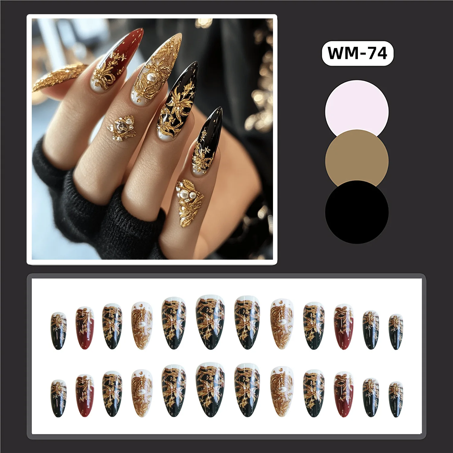 24 pçs europeu preto ouro unhas falsas moda flor padrão imprensa em unhas wearable reutilizáveis dicas de unhas falsas para mulher menina