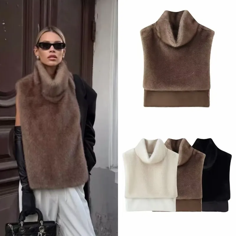 high quality Brand Fashion Faux Fur Sable Vest Crop Top Autumn Winter Turtleneck Eco Mink Fur Tank Tops Sleeveless Jacket Coat