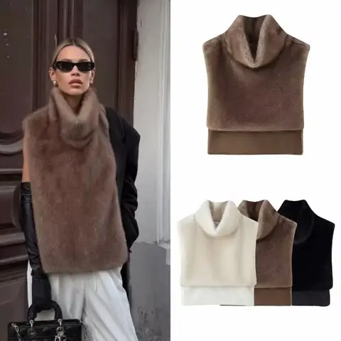 high quality Brand Fashion Faux Fur Sable Vest Crop Top Autumn Winter Turtleneck Eco Mink Fur Tank Tops Sleeveless Jacket Coat