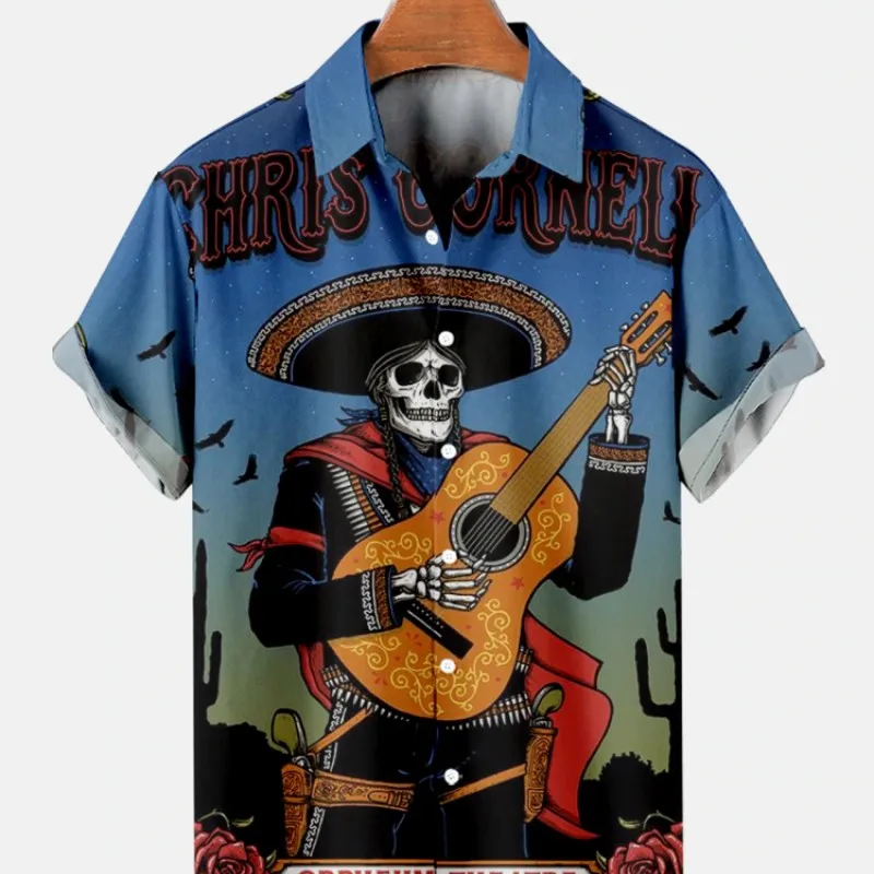 

Summer Men's Hawaiian Beach Shirts Music Rock Guitar Floral 3D Printed Short Sleeves Casual Lapel Style Tops Retro Fashion