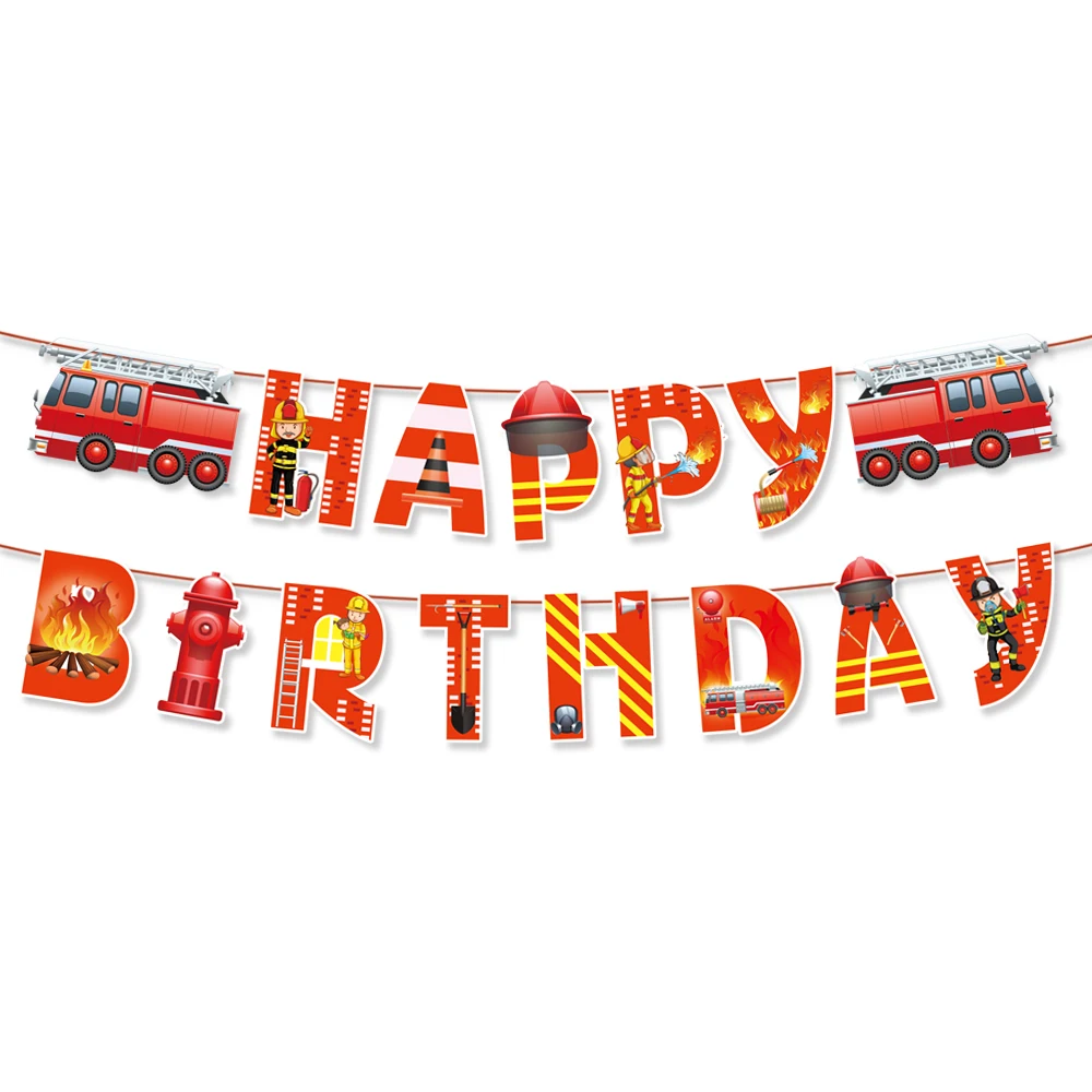 Cartoon Fire Truck Boy's Birthday Party Decorative Tableware Set Cup Plate Birthday Balloon Baby Shower Customizable Background