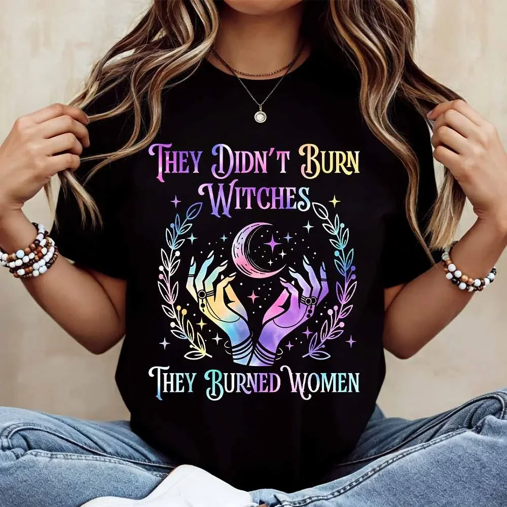 Colorful Witch Hands And Moon Print T Shirt Women Casual Short Sleeve Round Neck Top