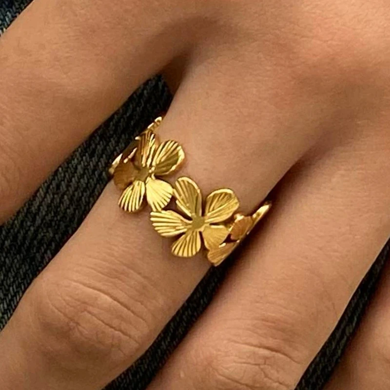 Offene Ringe mit Blumenmuster aus Edelstahl für Frauen, exquisiter Vintage-Blumengelenkring, süßer romantischer süßer vielseitiger Schmuck, Geschenk 2025,