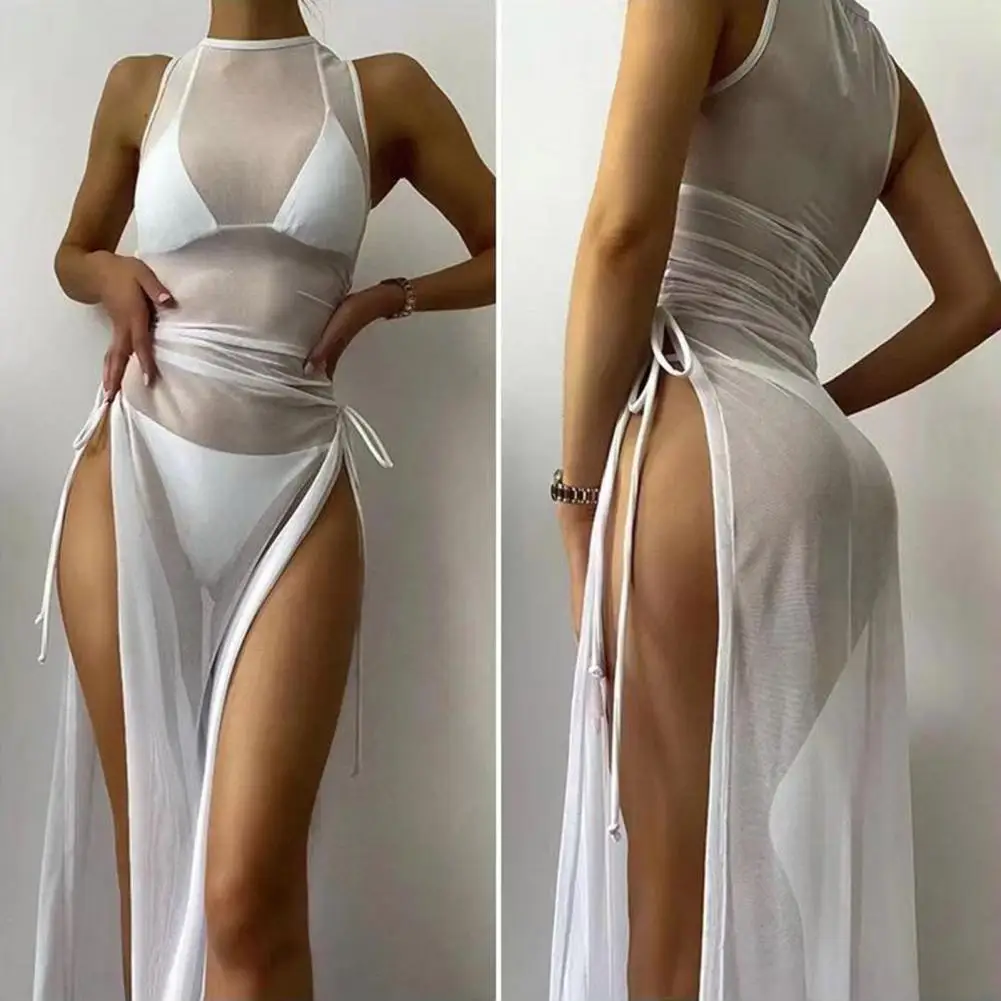 Fashion Sunscreen Dress Anti UV Net Yarn Thin Summer Dress O neck Sun Swimwear Cover Up for Outdoor