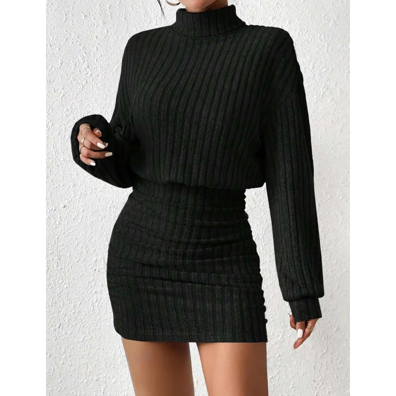 Black Folds Long Sleeves New Fashion Knitted Skirt Elegant Long Length Dress Solid Color Length Young Women's Elegant Ball Dress