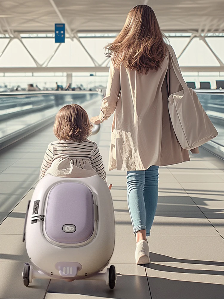 Kindergepäck-Boarding-Box, kann sitzen, Trolley-Koffer, abnehmbarer Reisekoffer mit großem Fassungsvermögen für Kinder, mit Bremsrad, faltbar