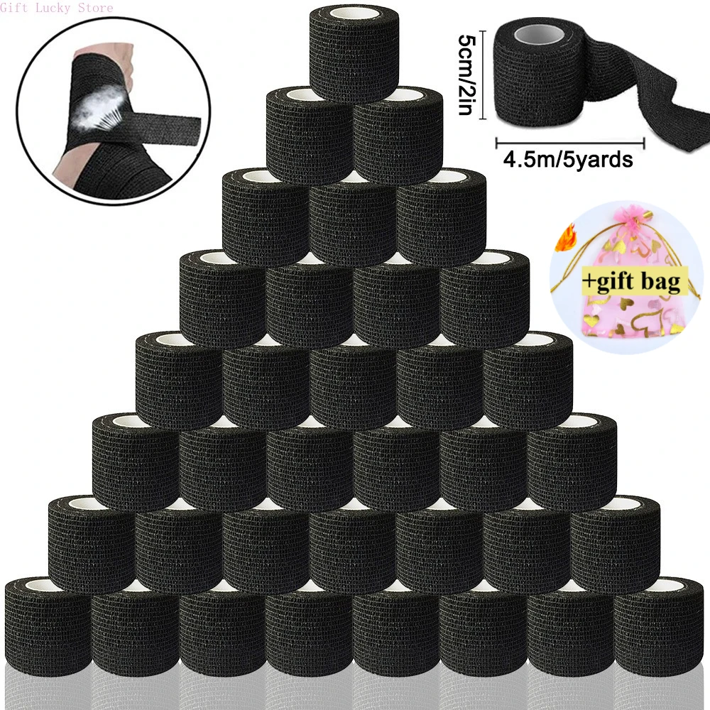 48/24/3PCS Black Tattoo Grip Cover Wraps Self-Adhesive Elastic Bandage Tape Breathable Strong Sports Tape Athletic Bandage Rolls