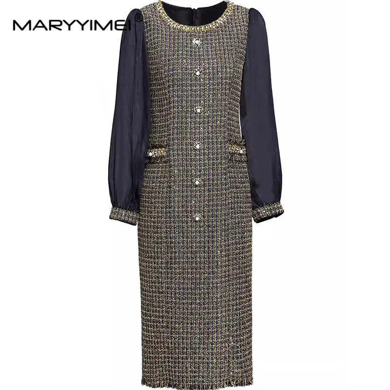 

MARYYIMEI Women's Elegant office and Business Dress Long-Sleeved Button Crystal High waist Commuter Straight M-3XL Dresses