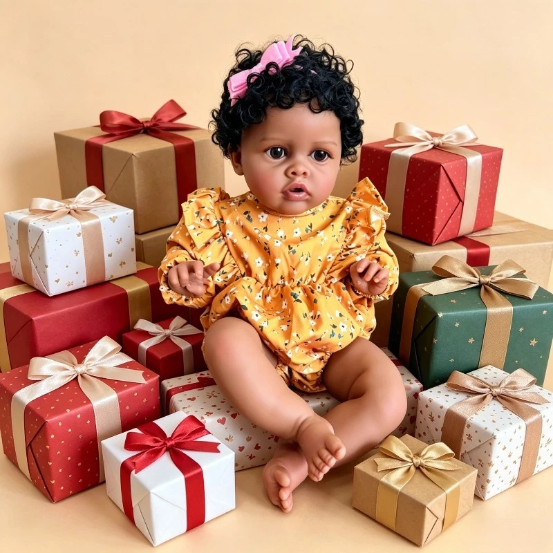 

24inch Big Size Reborn Doll Benjamin Soft Vinyl Dark Skin Reborn Doll with Cotton Body Curly Hair Girl Doll