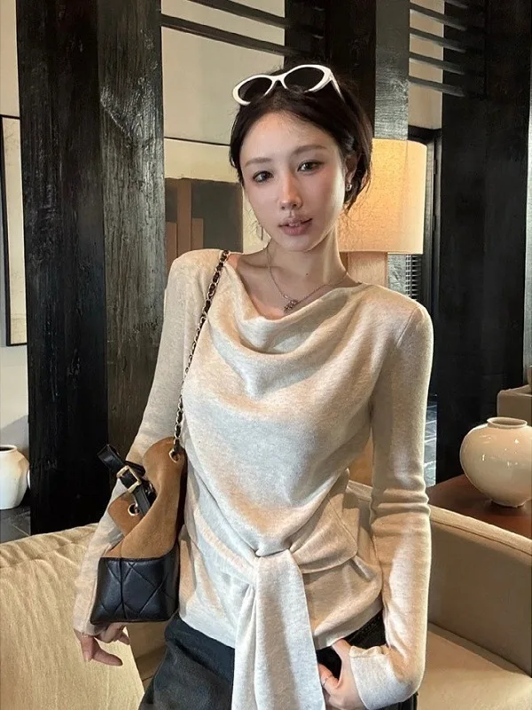 

Женская свободная длинная футболка размера плюс с бантом на талии, повседневный дизайн, осенняя мода, эффект похудения