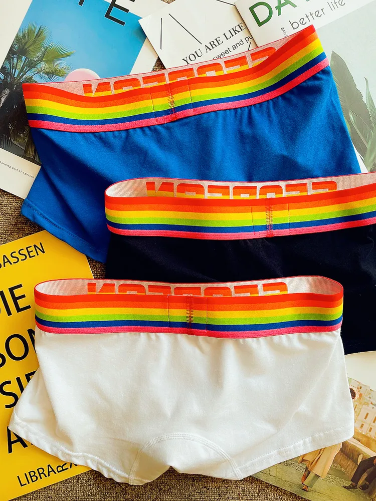 3pcs/lot underwear men's Boxer underwear cotton fashion personality Rainbow waist sexy boxers U-bag underwear