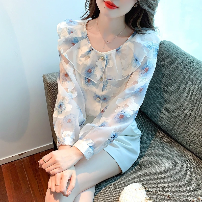 

Embroidered Printed Satin Long Sleeve Shirt Spring New French Court Snowstorm Sweater for Women 302