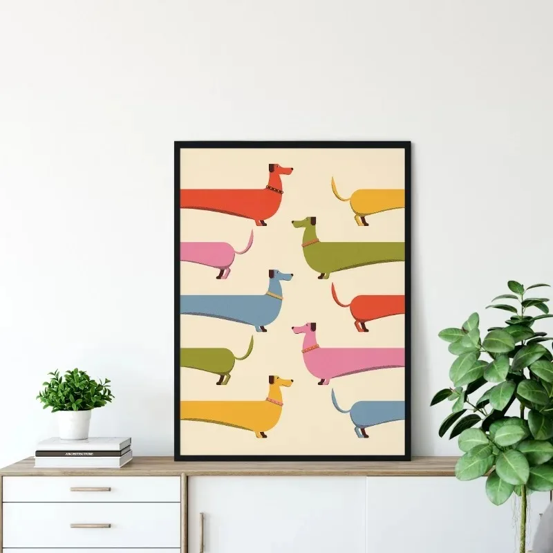 Sausage Dog Poster Dachshund Colourful Mid Century Modern Print Canvas Painting Wall Art Picture for Living Room Home Decor