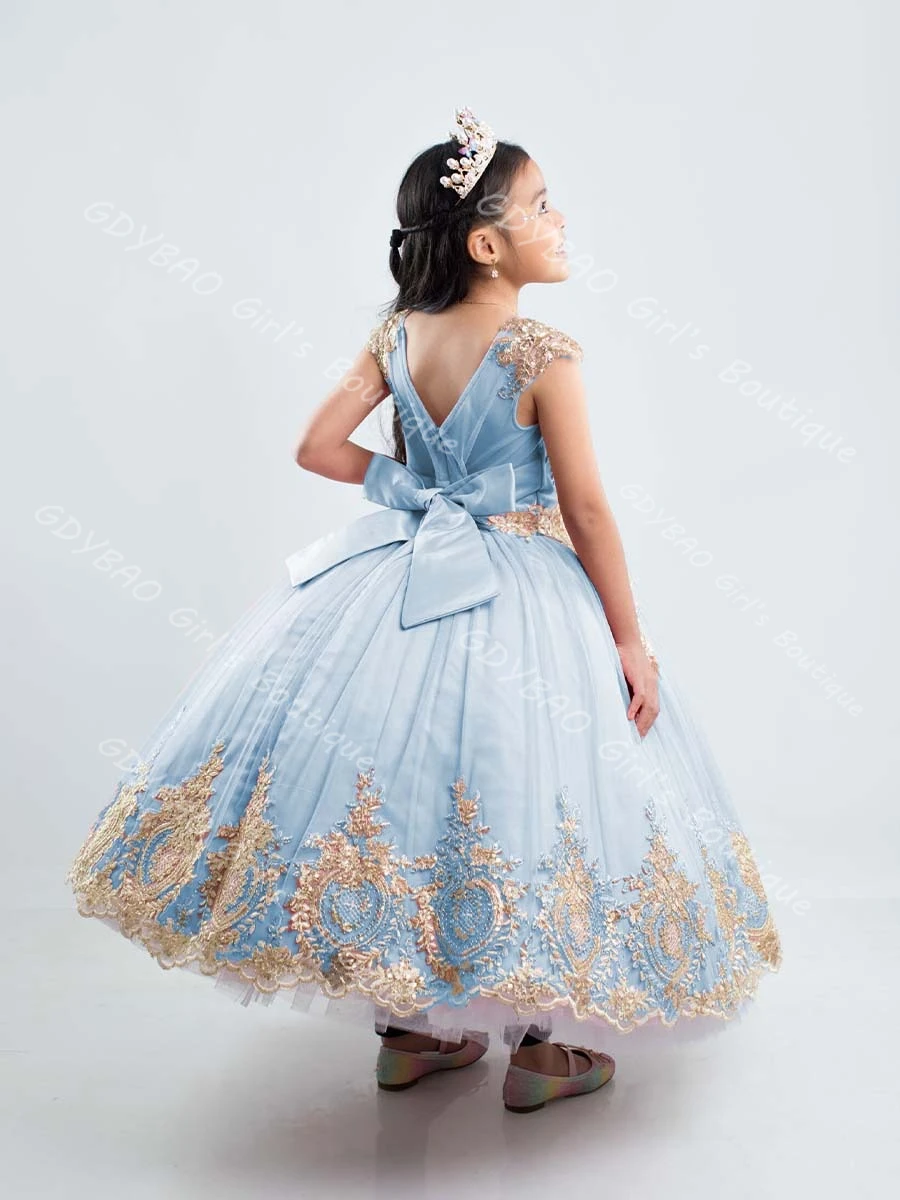 Vestido de princesa con apliques dorados para niñas, vestido de flores hasta el tobillo de cristal con lazo, vestido de fiesta de boda, Vestidos personalizados