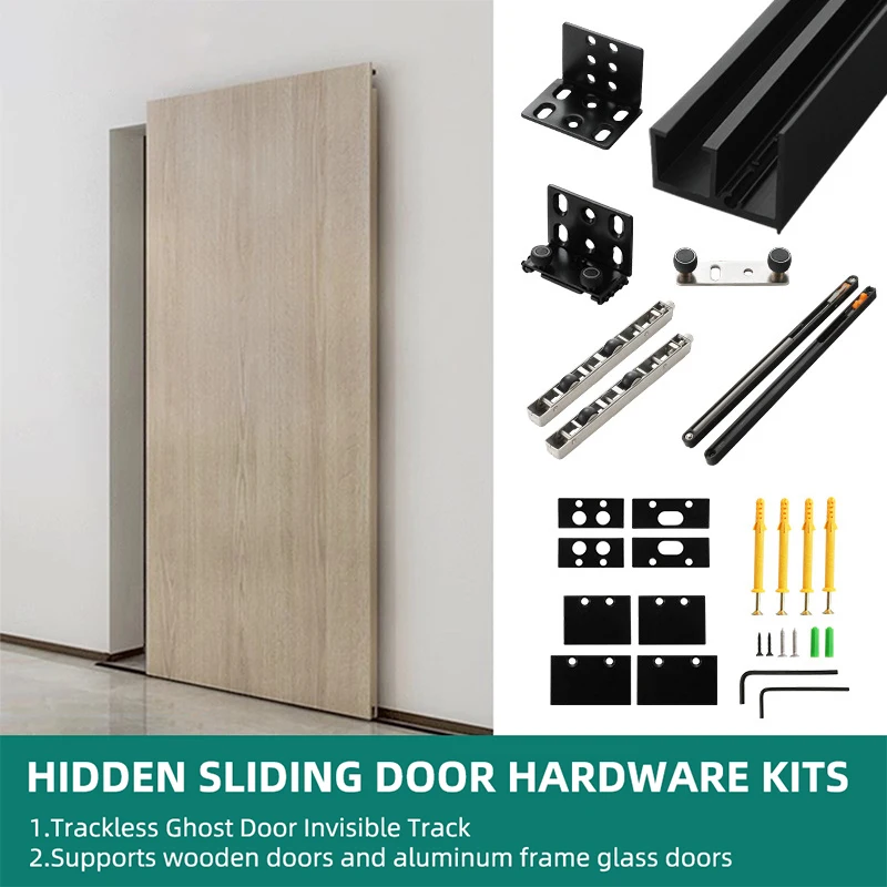 Puerta Corredera Invisible sin Riel de Doble Vía, Puerta de Madera para Dormitorio y Cocina, Herrajes para Puerta Corredera con Marco de Aluminio