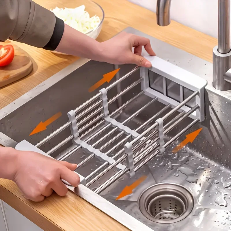Adjustable Kitchen Sink Drain Rack Stainless Steel Extendable Dish Drying Basket Foldable for Tableware Storage Home Organizer