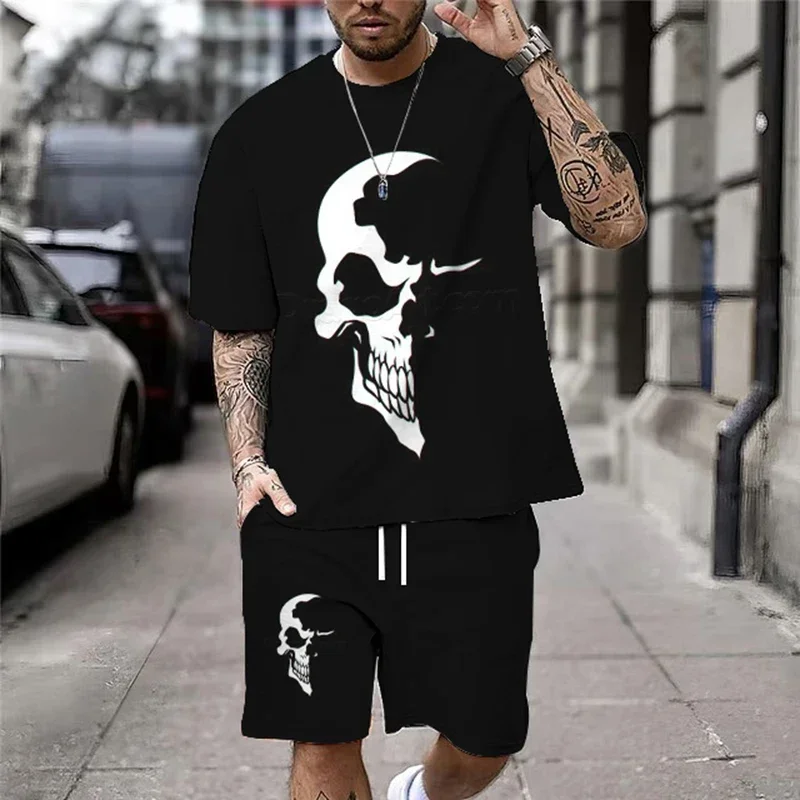 Men\'s Skull Print Tracksuit, Loose Set, Casual T-Shirt and Shorts, Summer Suit, New, 2022