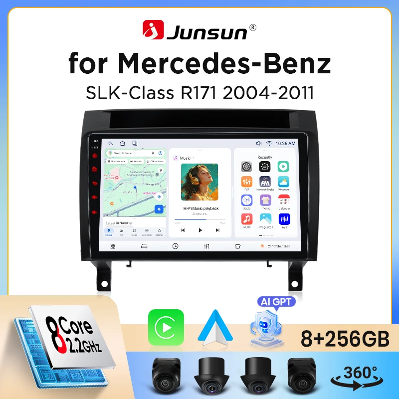 Junsun Wireless CarPlay Android Auto Autoradio für Mercedes-Benz SLK-Klasse (R171) 2004-2010 mit integriertem Lüfter, Android GPS-Navigation, Multimedia-Player, WiFi, DSP, RDS, BT, SWC,