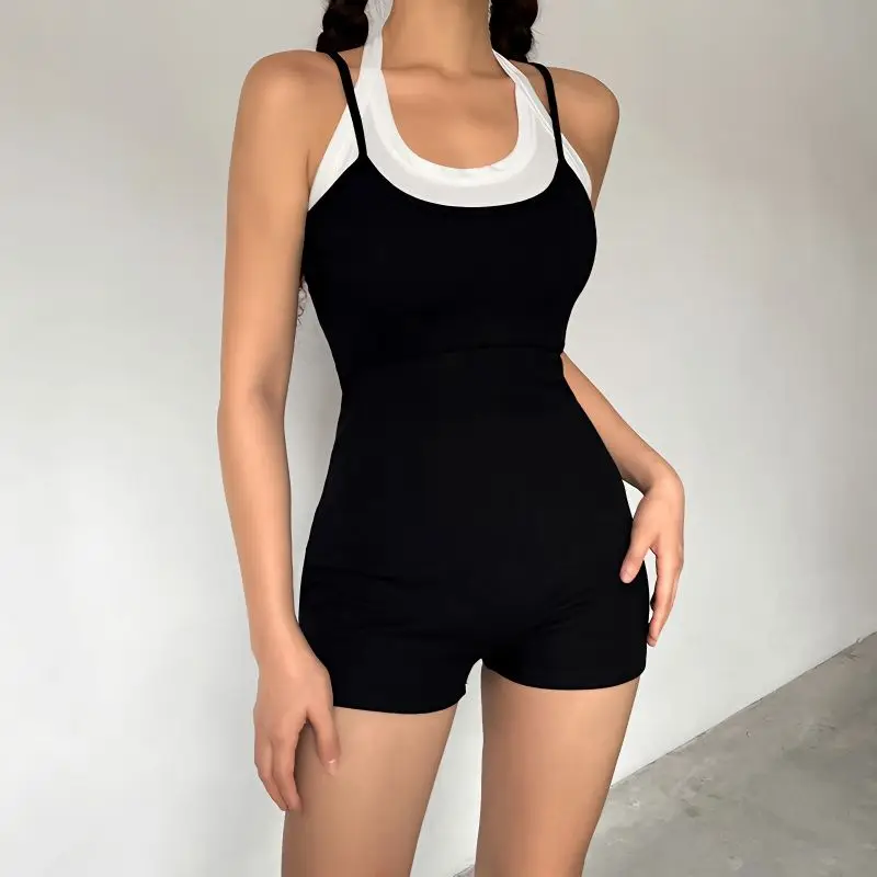 

American Retro Color Collision Fake Two Pieces Splicing Straps Jumpsuit Female Slim and Thin Sexy Hot Girls Halter Neck Bodysuit