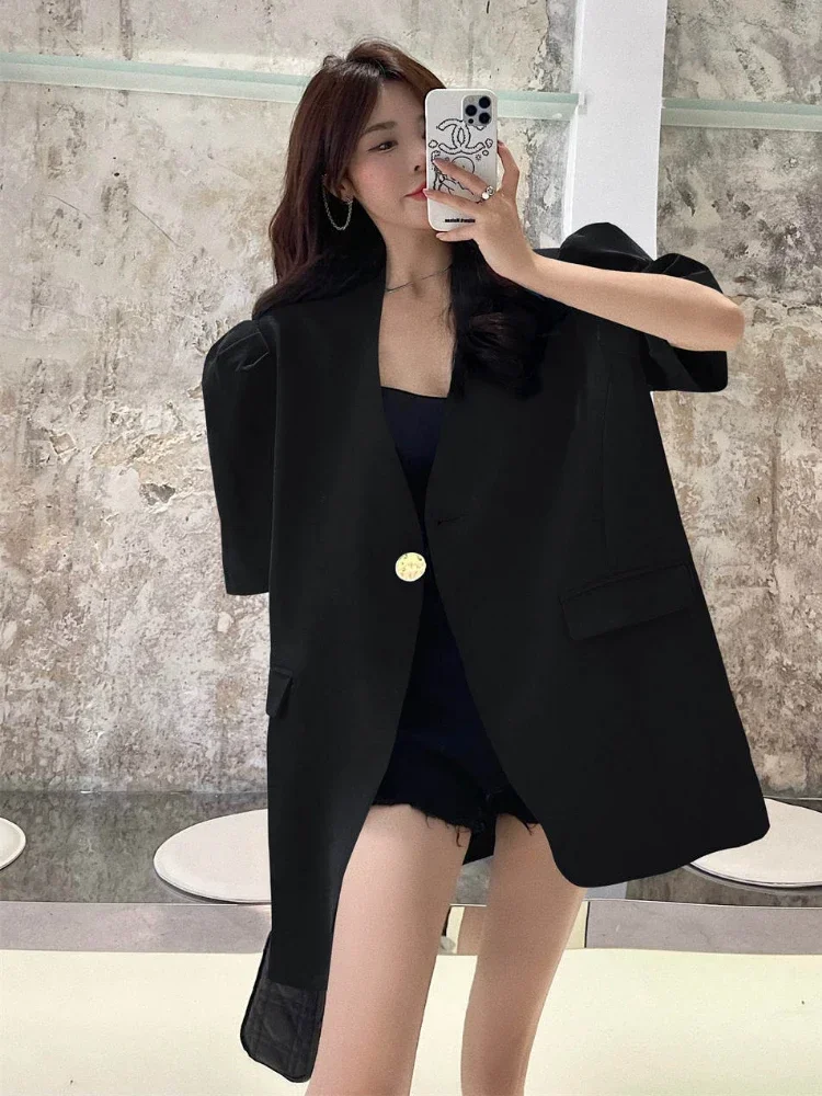 Luxury Designers Short Sleeves Blazer Women Bubble Sleeve Korean Fashion Coat Lined Chic Black Suit Summer Jacket Thin Top