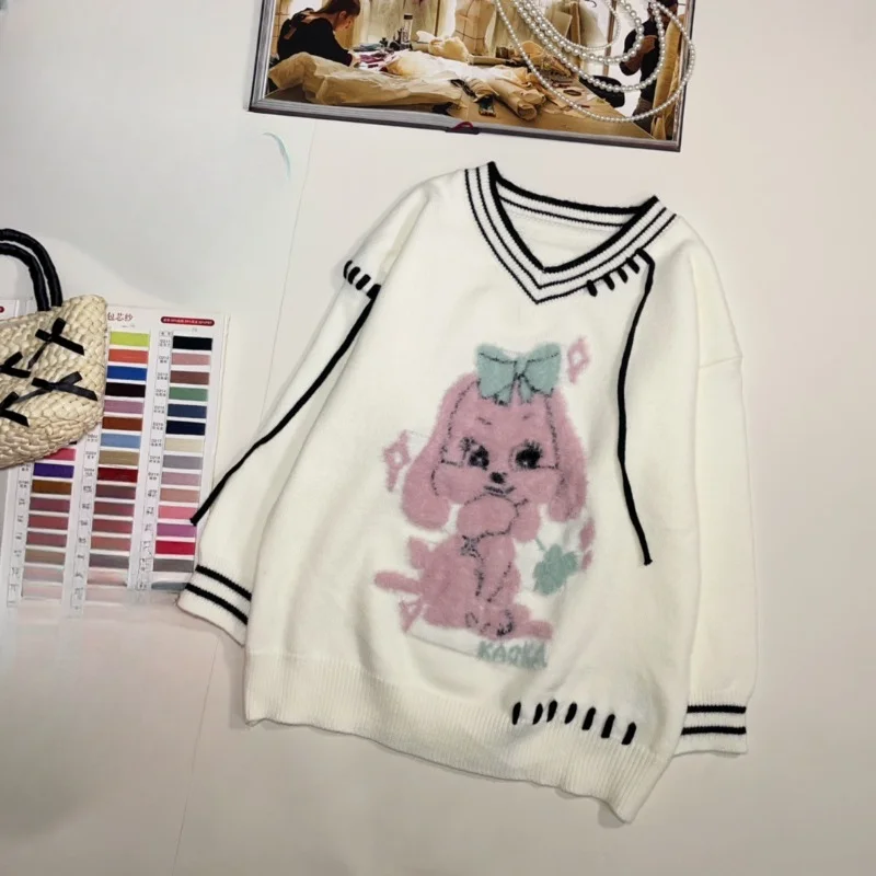 Autumn And Winter New Korean Style Sense Of Design Knitwear Contrast Color V-neck Cute Cartoon Jacquard Youthful-Looking Sweater