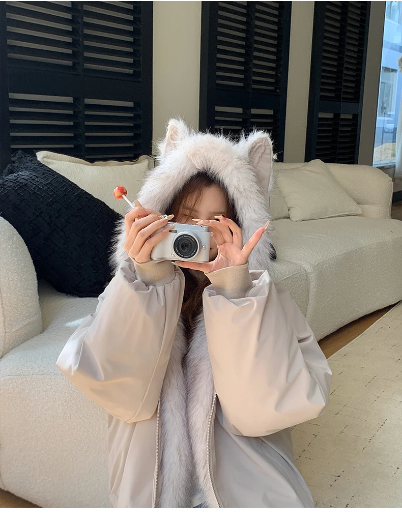 2025 Winter Korean Style Cat Ear Beige Furry Hooded Coat for Women Thickened and Lined Black Loose Casual Jacket
