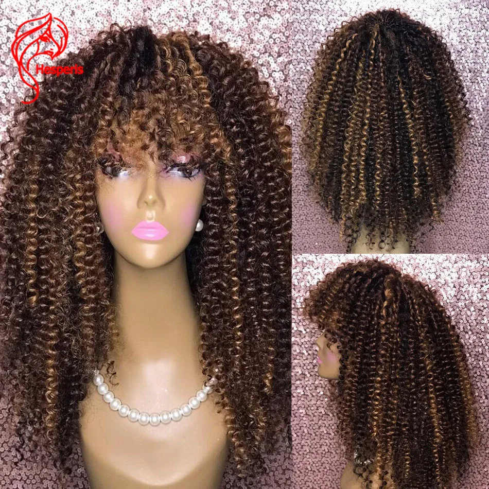 Hesperis Afro Kinky Curly Human Hair Wig Highlight Blonde Bang Wig Full Machine Made Wig 200 Density Curly Wig For Women