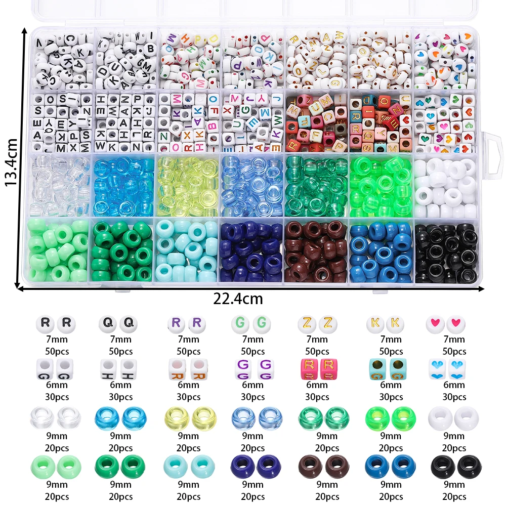 Analyste de perles de poney rondes plates colorées, lettres acryliques, perles carrées, bracelet à bricoler soi-même, fournitures exécutives de bijoux, 7mm, 9mm, 840 pièces