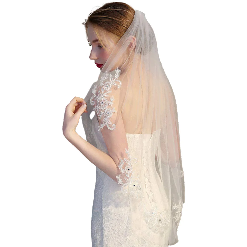 Bridal Lace Embroidery Hollow Out Flower White And Ivory Veil Drop Wedding With Hair Comb Crystal Beads Wide Chapel Single Layer