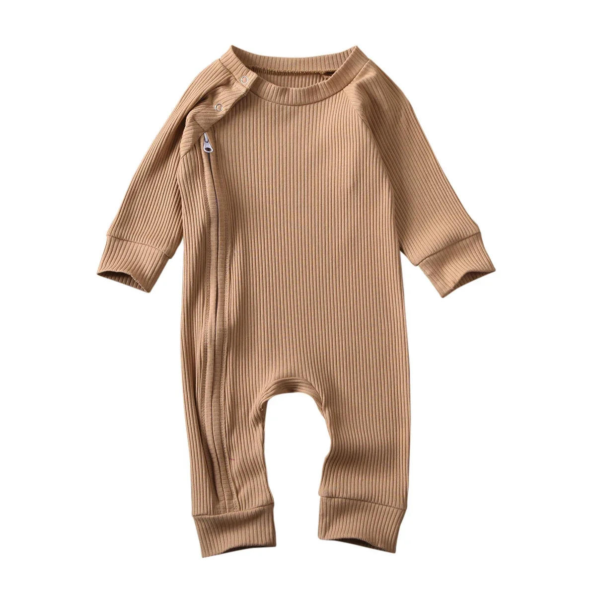 

Solid Ribbed Cotton Baby Jumpsuit - Long Sleeve Zipper Buttons Rompers