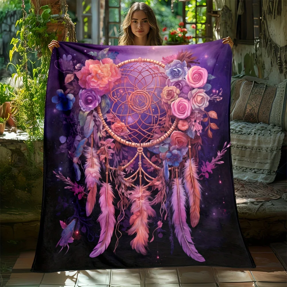 1pc Cozy Floral Dream Catcher Print Blanket - Lightweight Flannel Throw For Sofa Bed Livingroom Office Couch Travel Camping Chai
