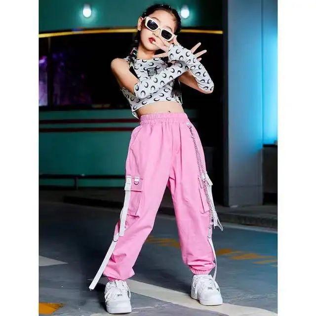 Conjuntos de ropa de baile callejero para niña, traje de k-pop, Tops cortos, pantalones Cargo, disfraz de rendimiento rosa, ropa de baile callejero