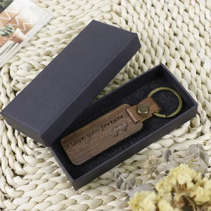 Caja de regalo con llavero con logotipo personalizado, paquete de anillo de llavero Rectangular con grabado láser, paquete de regalo personalizado