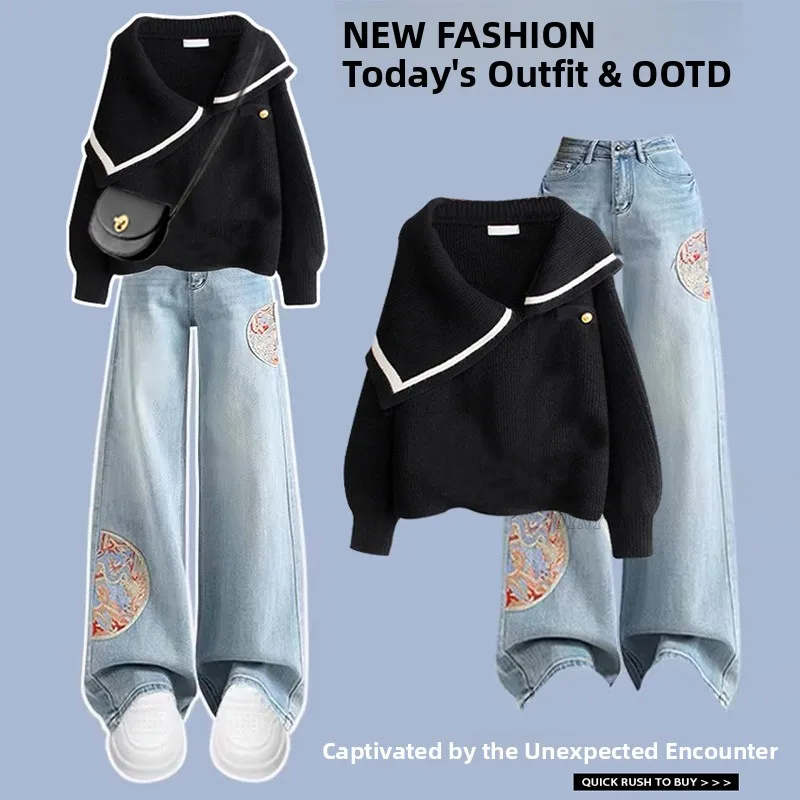 أوائل الخريف Faion مجموعة صغيرة الحجم سترة محبوكة وجينز مطرز مظهر شبابي ألياف البوليستر طويلة Sve