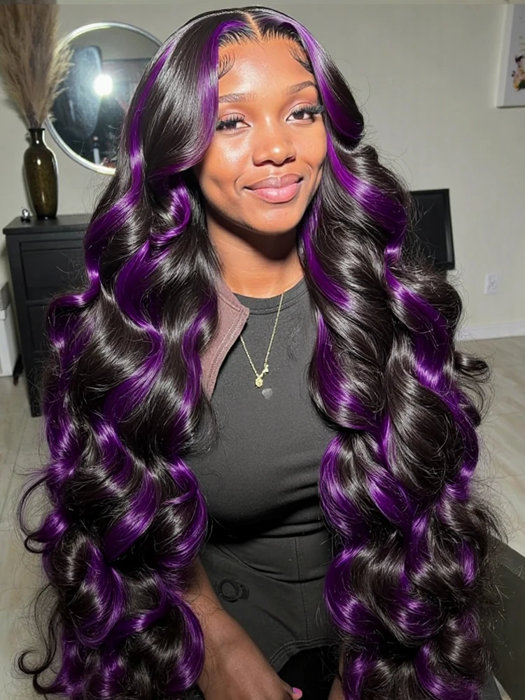

30 28 Inch Dark Purple Body Wave 13x6 13x4 HD Transparent Lace Front Human Hair Wigs Ombre Purple Highlight Wavy Human Hair Wigs